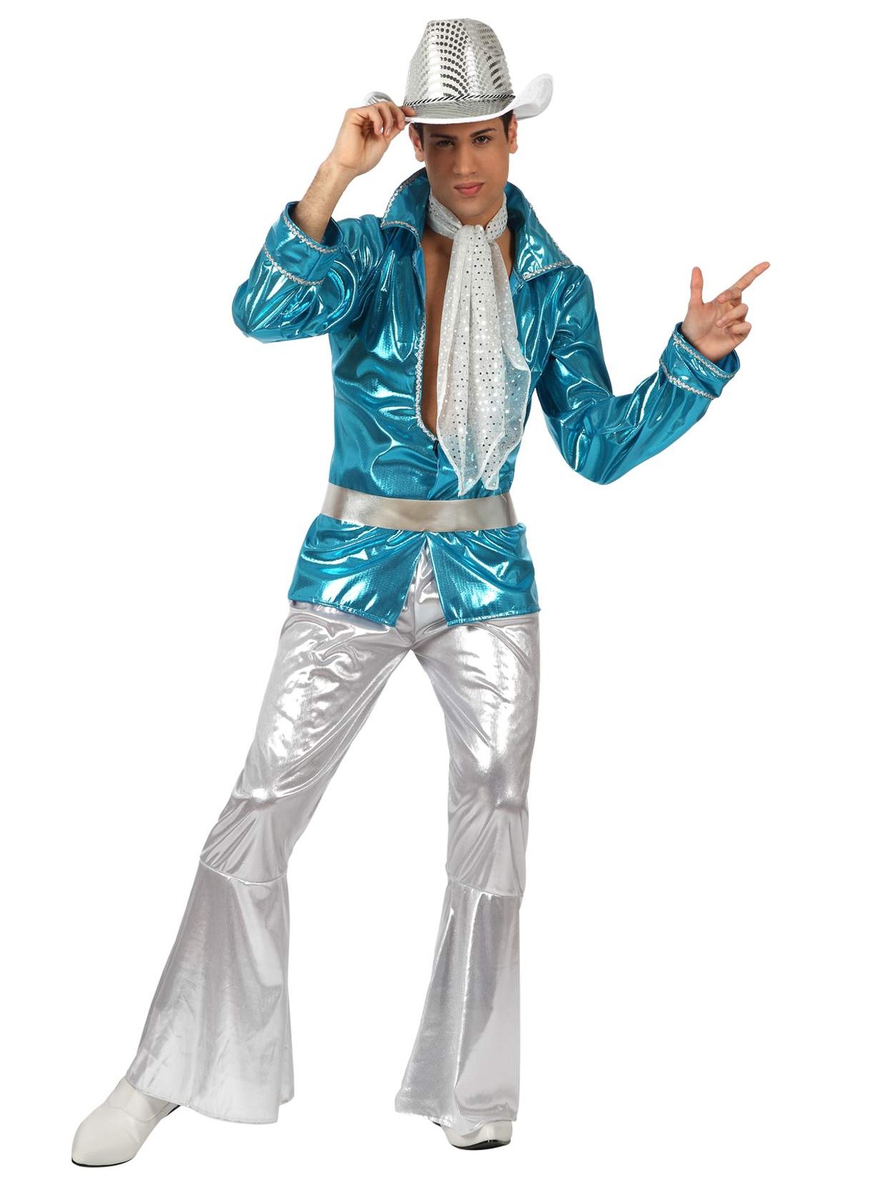 Homme dans un costume disco années 70 perruque et bête Photo Stock